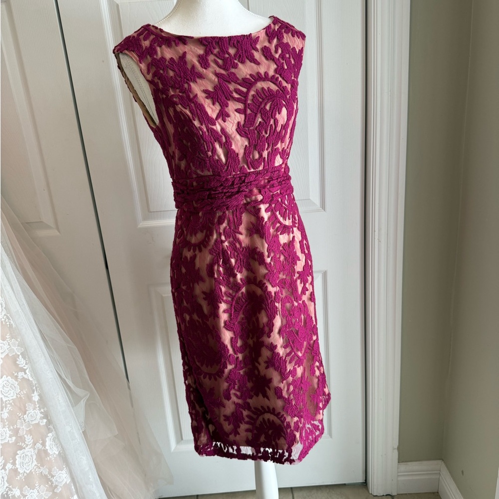 Adrianna Papell Fuchsia Lace Overlay Midi Dress